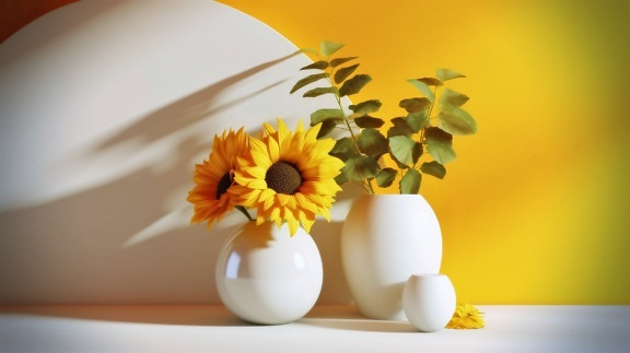 ヒマワリと美しい磁器の白い花瓶