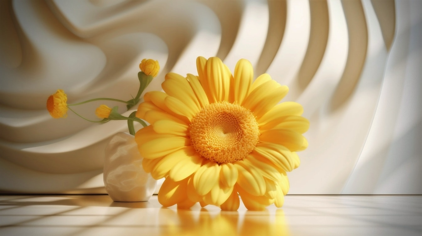Ilustracja dużego, jasnego, żółtawego kwiatu na białej podłodze
