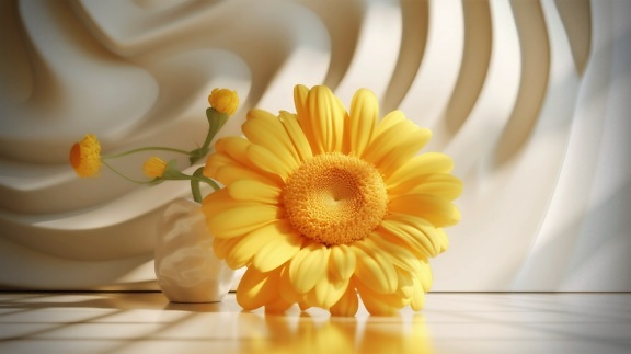 Illustration of big bright yellowish flower on white floor