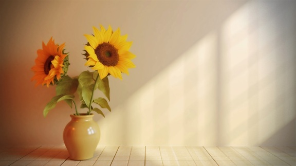 Sunflowers in glossy yellowish vase 3D object rendering
