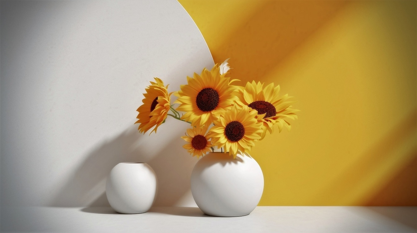 minimalizmus interion dekoráció fehér és sárga napraforgó vázában