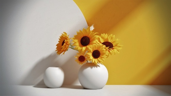 minimalismus, výzdoba interiéru, žlutá, bílá, slunečnice, váza, dekorace, barva