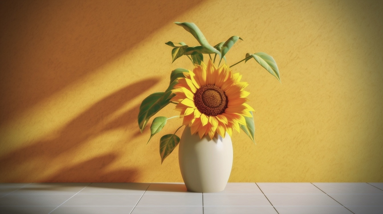 Illustration af solsikke i beige vase på hvide gulvfliser