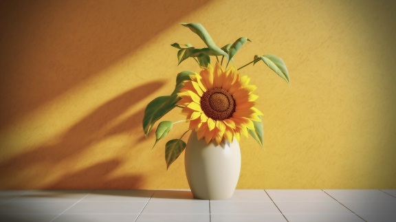 Illustration of sunflower in beige vase on white floor tiles