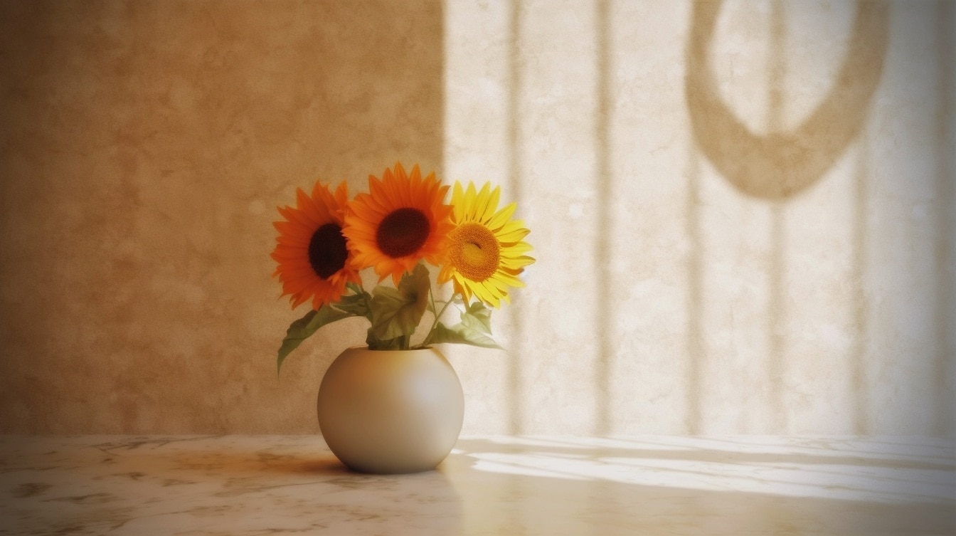 模糊的白色圆形陶瓷花瓶，有三朵向日葵