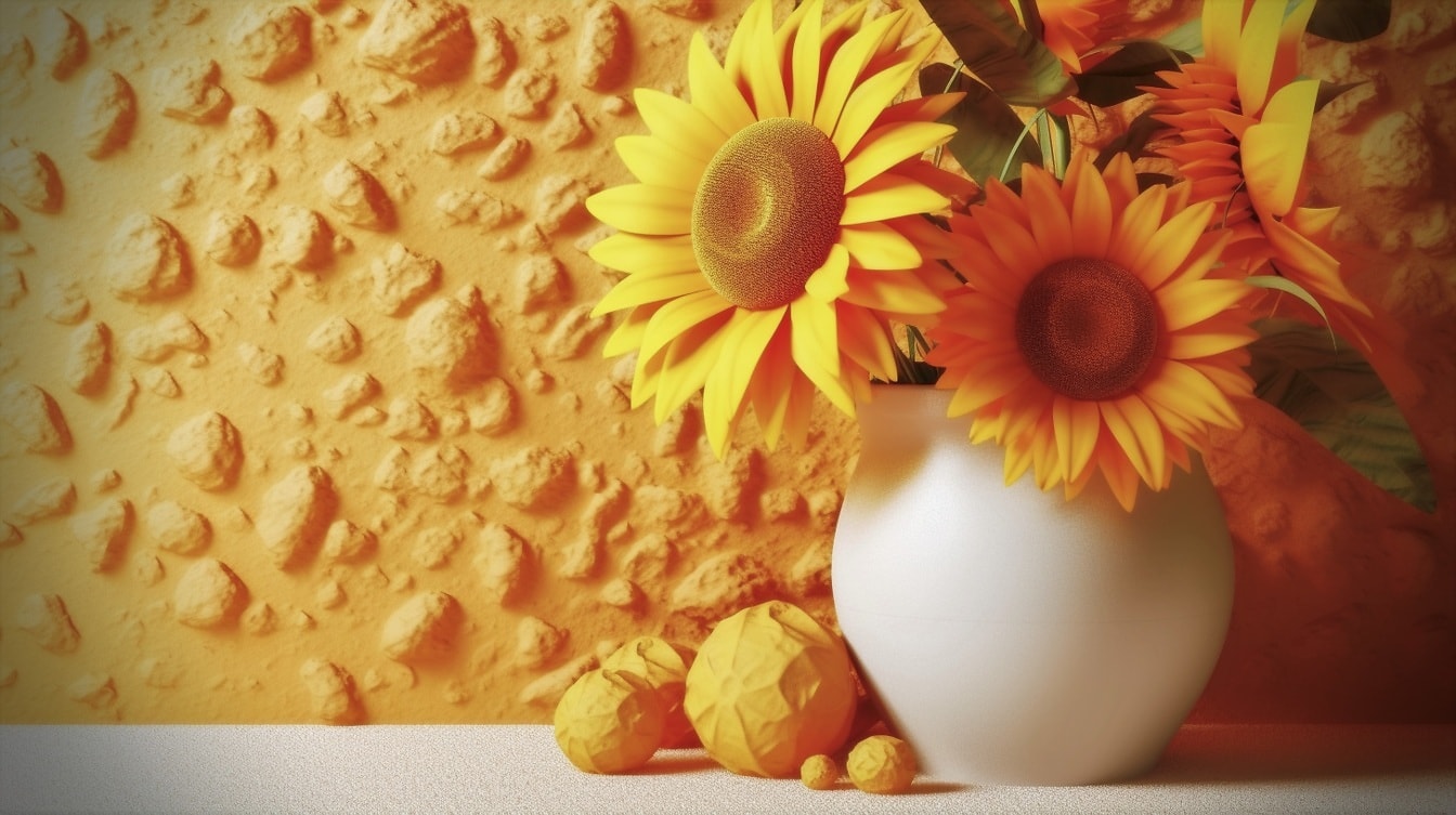 Ilustrație cu flori de floarea-soarelui în vază ceramică albă