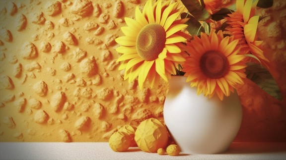 Illustration of sunflower flowers in white ceramic vase