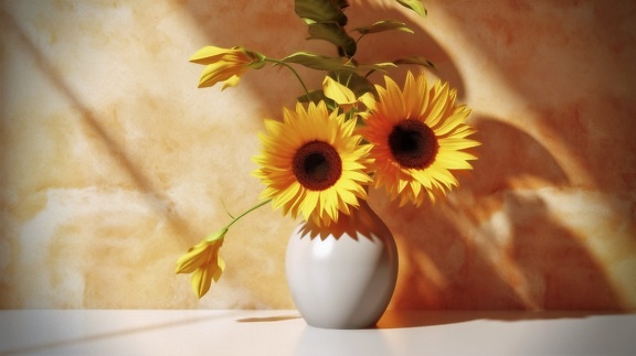 Illustration of sunflowers in white ceramic vase by orange yellow wall