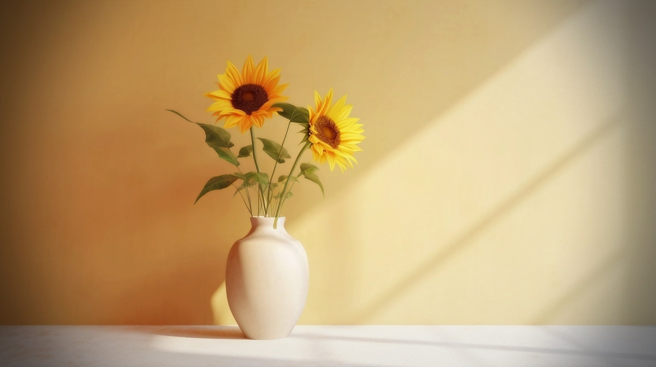 Ayçiçeği illüstrasyonlu beyaz seramik vazo üzerinde yumuşak güneş ışığı