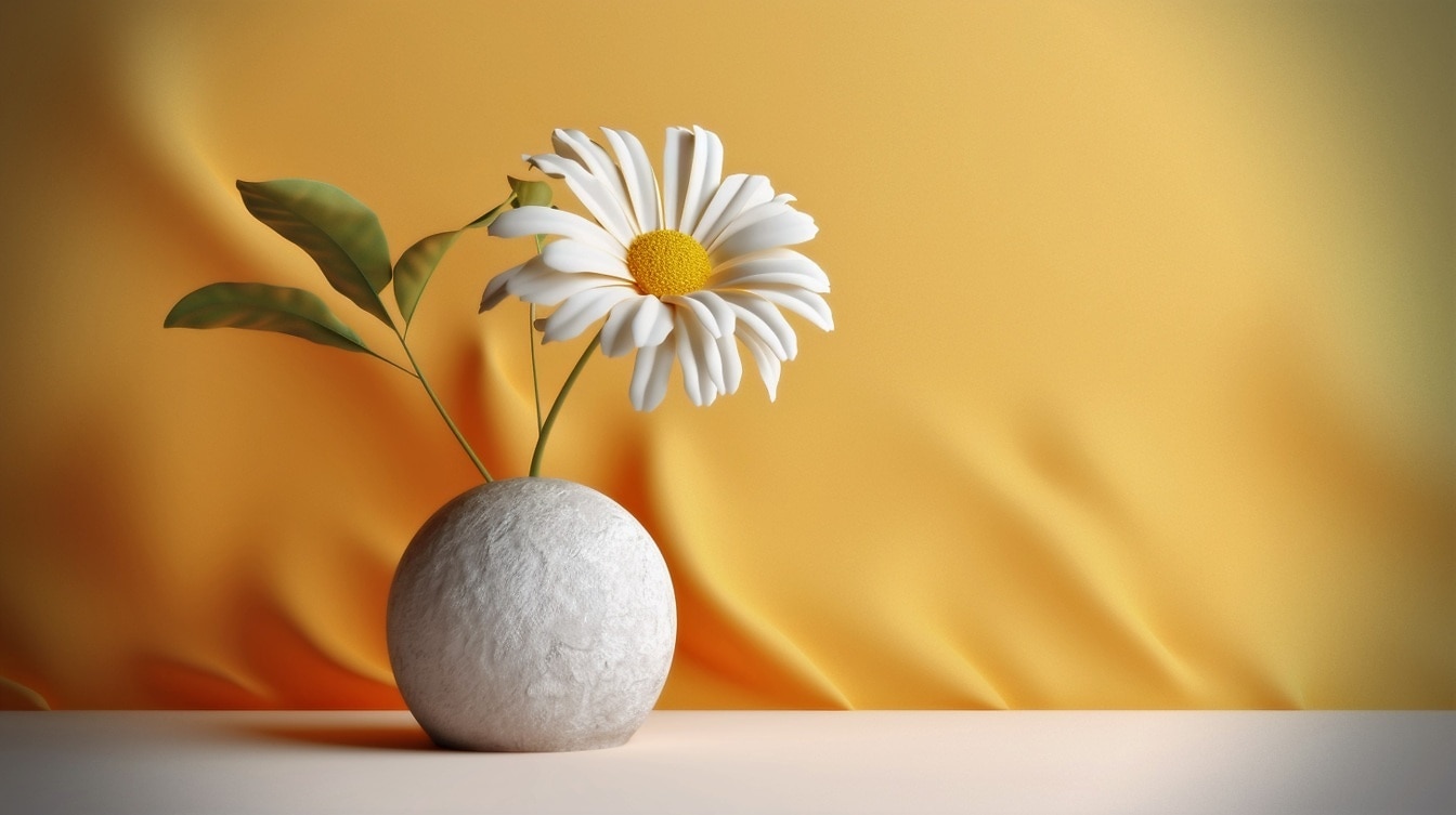 Gran flor blanca en piedra redonda con fondo de lienzo marrón amarillento