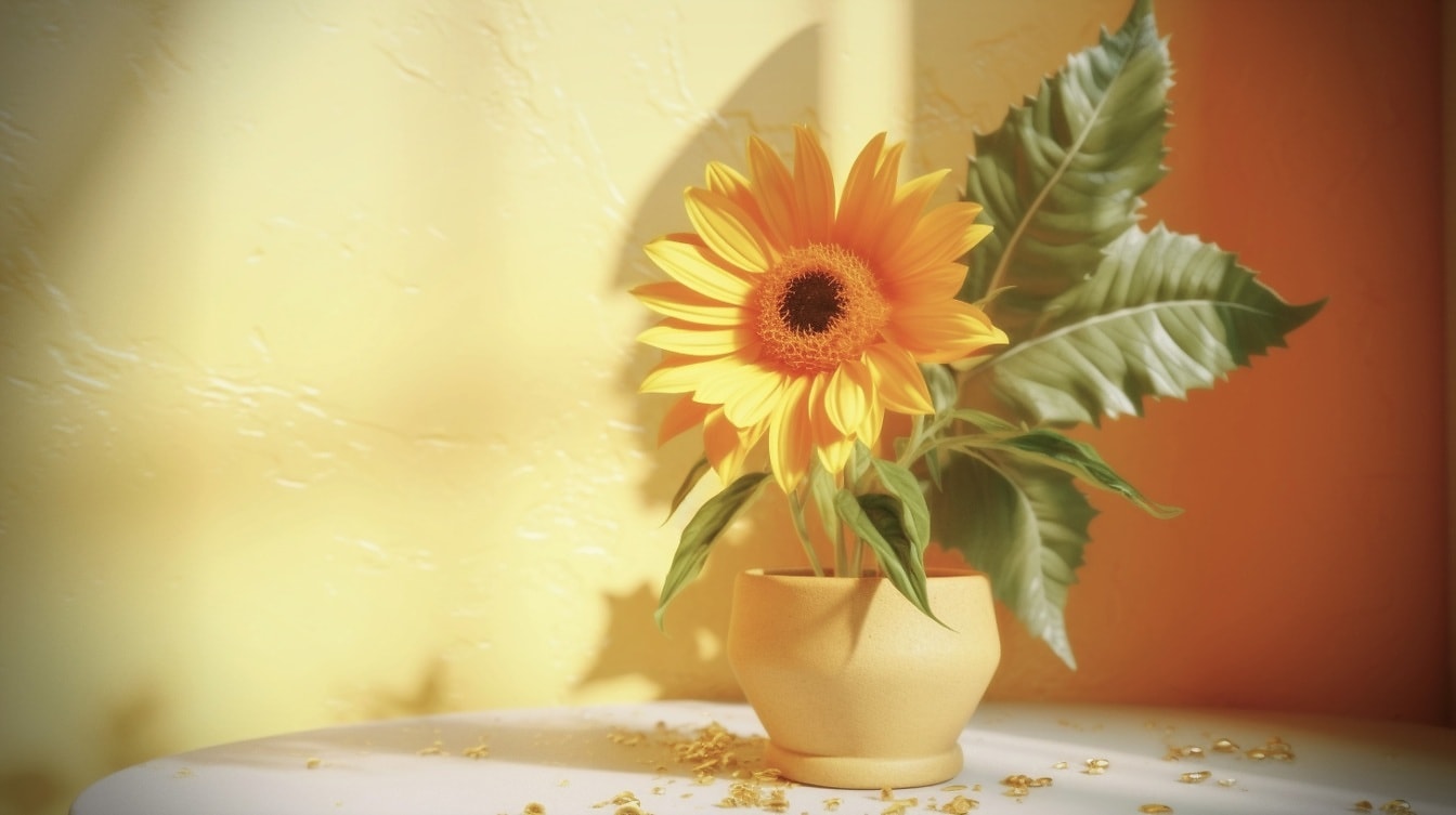 Havainnekuva auringonkukasta kellertävässä kukkaruukussa valkoisella pöydällä varjossa