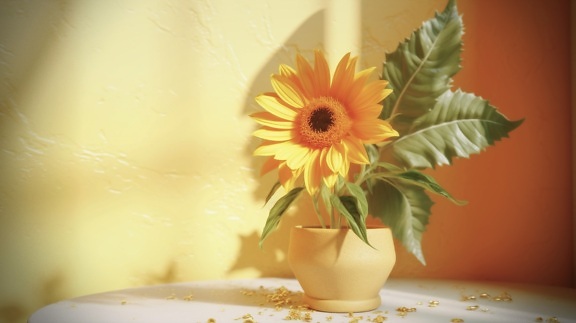 Illustration of sunflower in yellowish flowerpot on white table in shadow