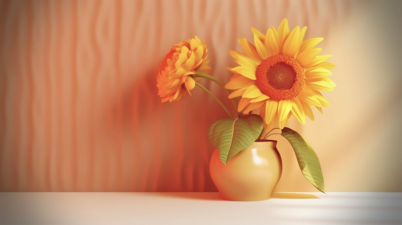 Objekt som återger ljusa solrosor i glänsande gulaktig vas