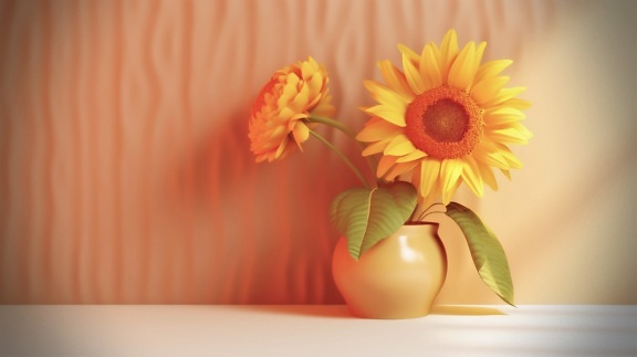 Object rendering bright sunflowers in glossy yellowish vase