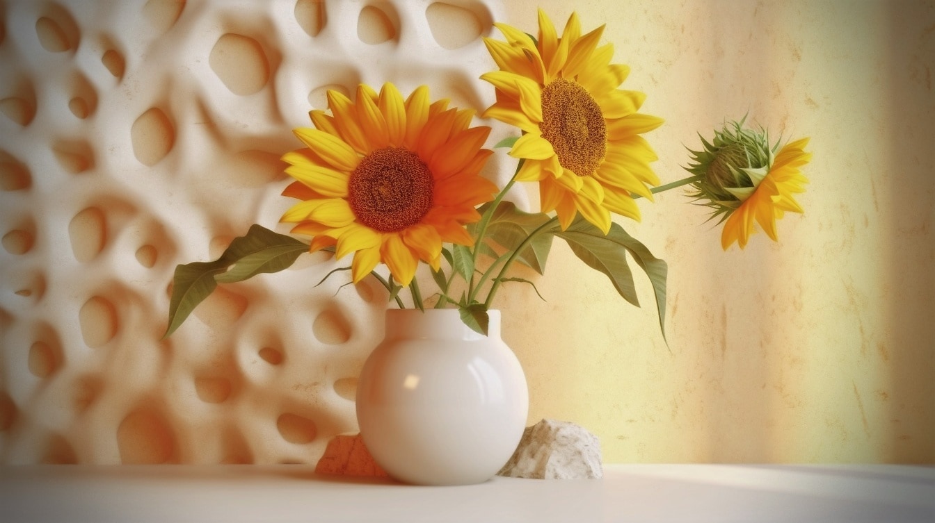 Ilustração bonita de três flores de girassol no vaso de cerâmica branca