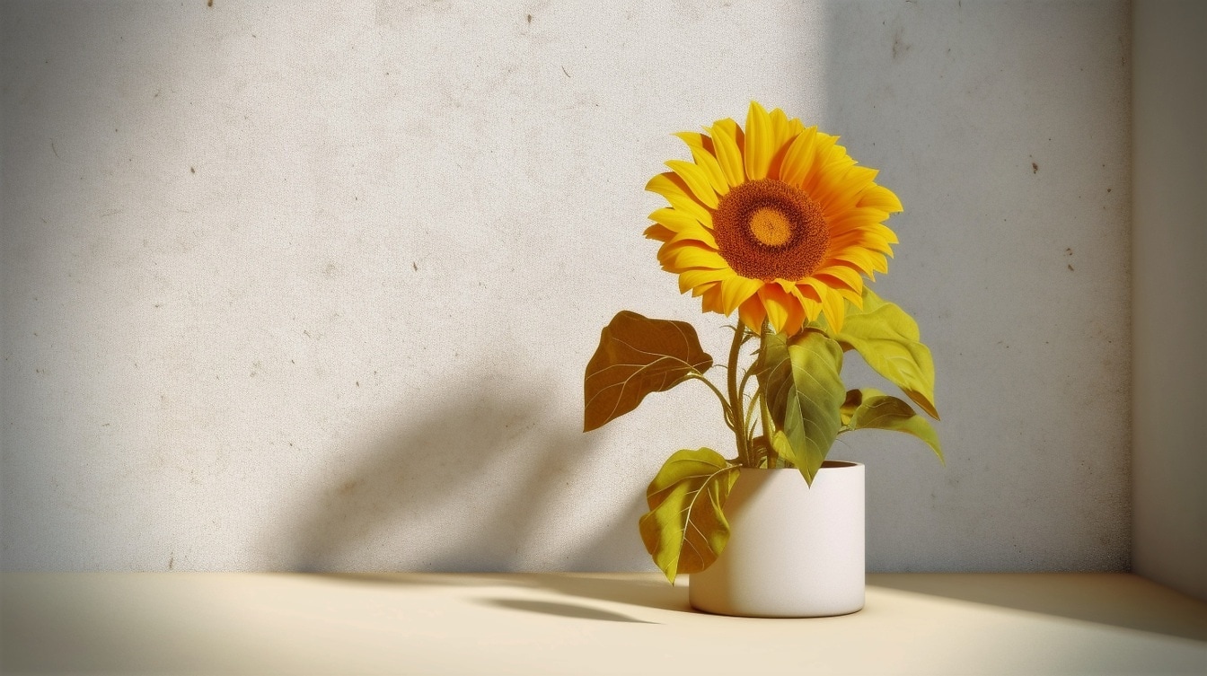 Oranje gele zonnebloem in ceramische vaas in hoek van lege ruimte