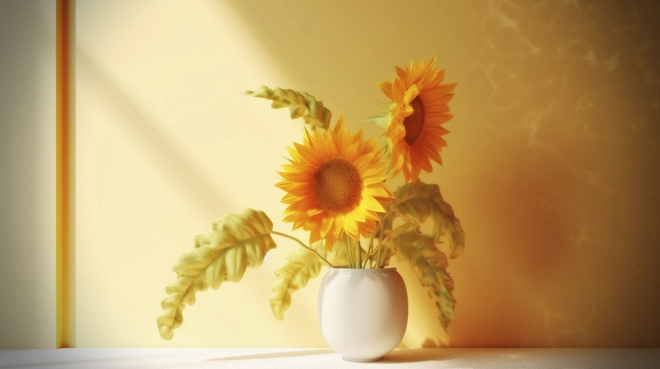 Grafik bunga matahari di bawah sinar matahari lembut oleh dinding coklat kekuningan