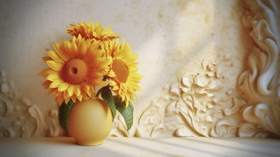Trois tournesols jaune orangé dans un vase jaunâtre près d’un mur de style baroque