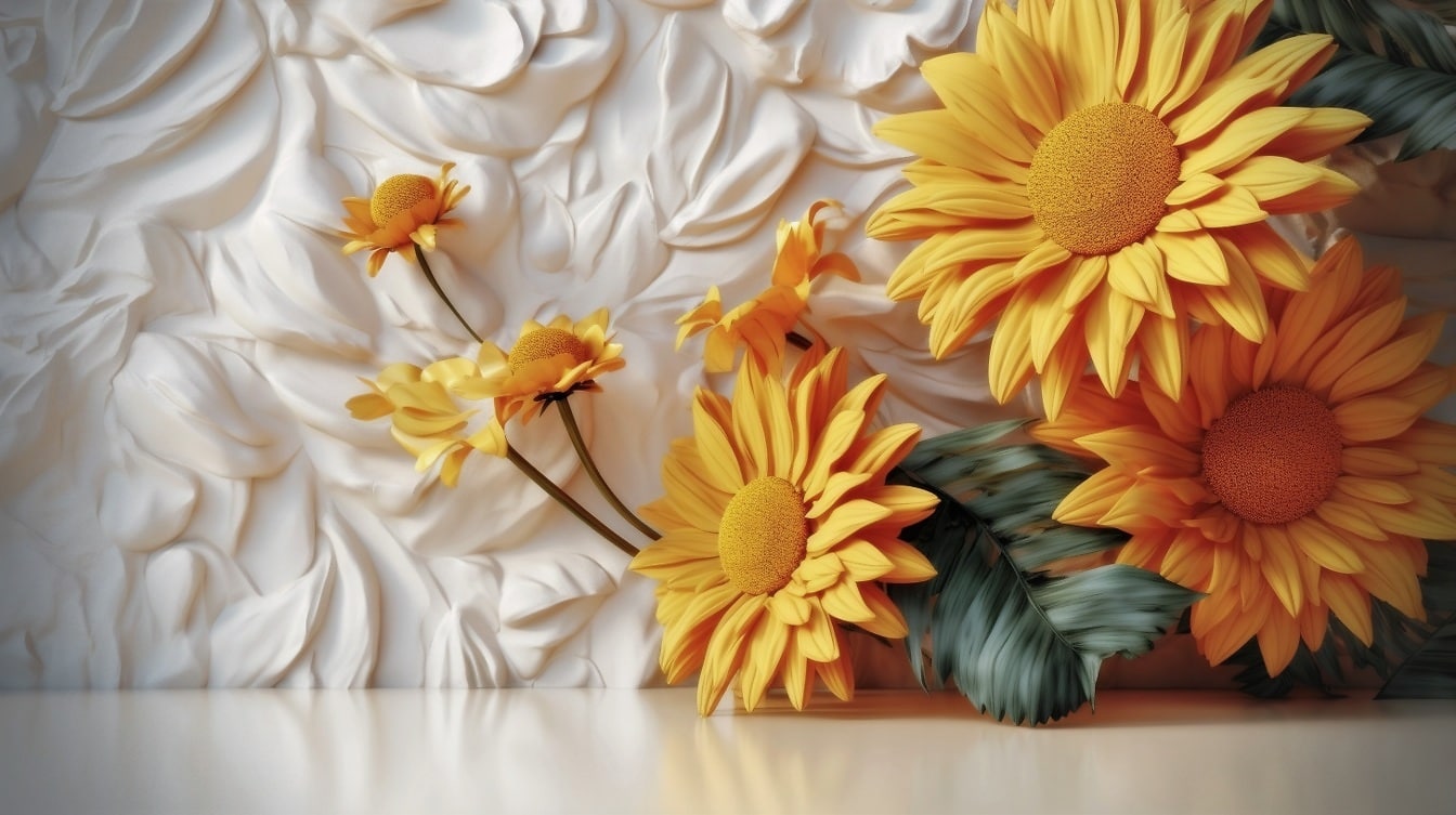 Majestueuze oranje gele bloemen door barokke stijlmuur