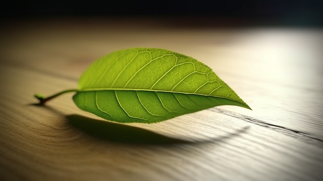 Πρασινοκίτρινο φύλλο σε ξύλινες σανίδες σε σκιά κοντινό πλάνο