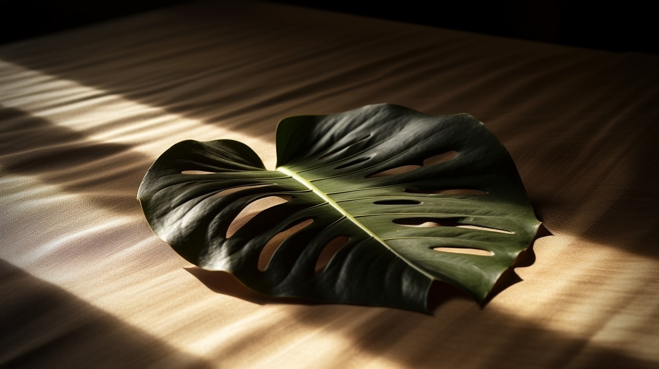 Stort mörkgrönt tropiskt blad (Monstera deliciosa) på golvet i skugga