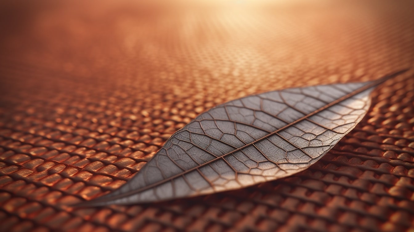 Detaljeret fotomontage af nærbillede af tørt blad med sløret lys baggrund