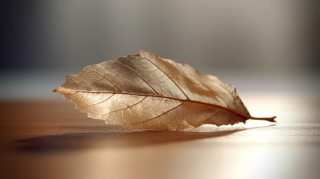 Detailní detailní záběr suchého listu s rozmazaným pozadím