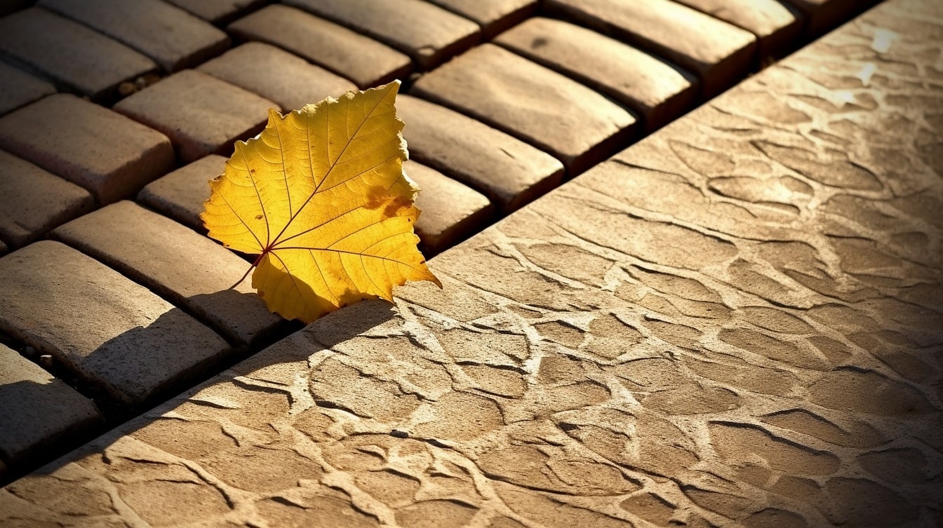 Iilustrasi daun kekuningan cerah di trotoar batu bulat