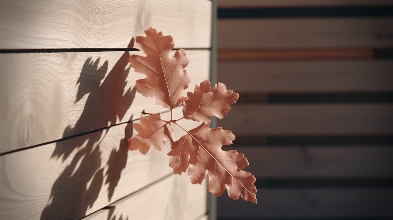 Illustrazione di foglie di quercia marrone chiaro su staccionata di legno alla luce del sole