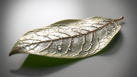 Slika makrofotografije zeleni list s vodenim kapima i mutnom pozadinom
