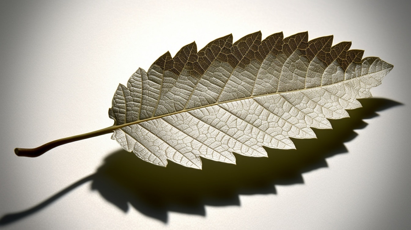Zbliżenie ciemnozielonego liścia z cieniem pod nim na białym tle
