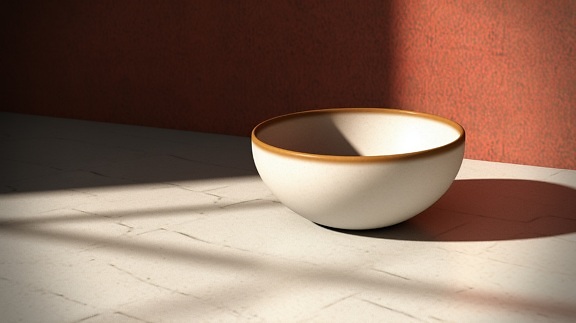 Illustration of white porcelain bowl on beige floor in shadow