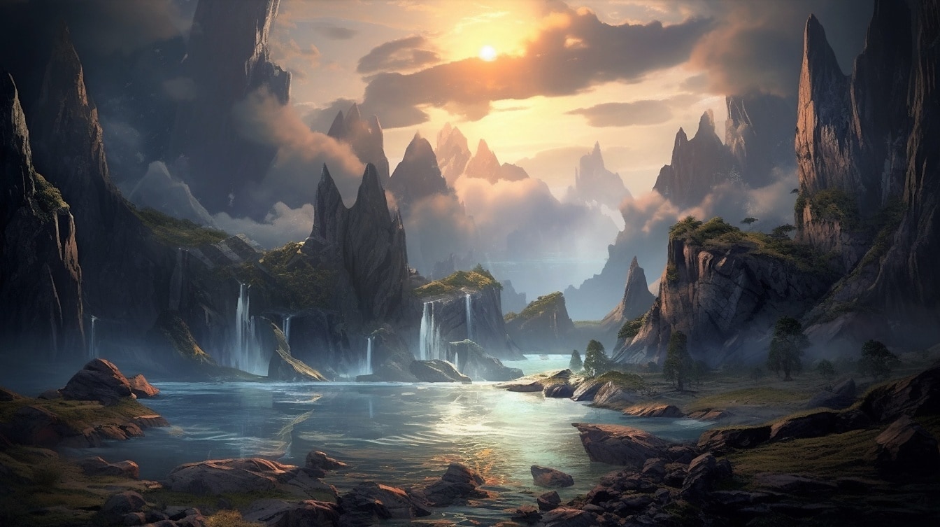Ilustracja majestatycznego fantastycznego zachodu słońca nad rzeką w dolinie