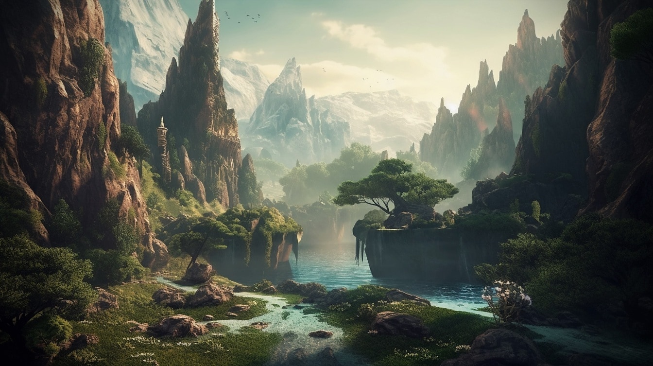 Fotomontagem da ilustração da paisagem do rio da fantasia