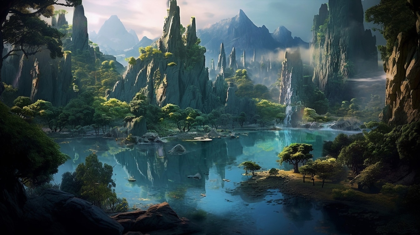 Panorama del majestuoso paisaje de fondo de pantalla digital de fantasía