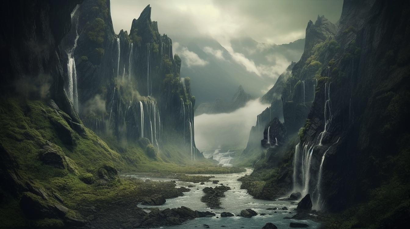 Stenig flod i fooggy valley fantasi fotomontage natursköna