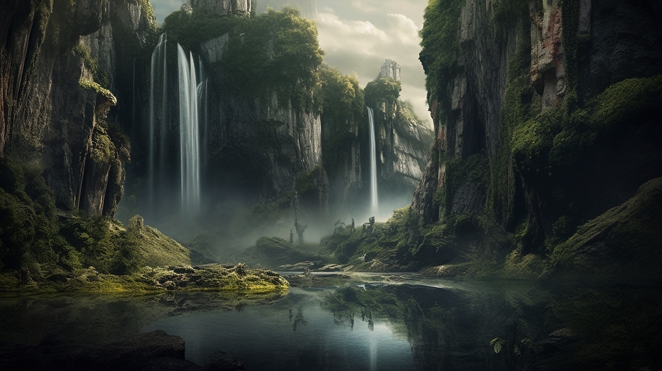 Fotomontáž majestátních vodopádů v horské krajině
