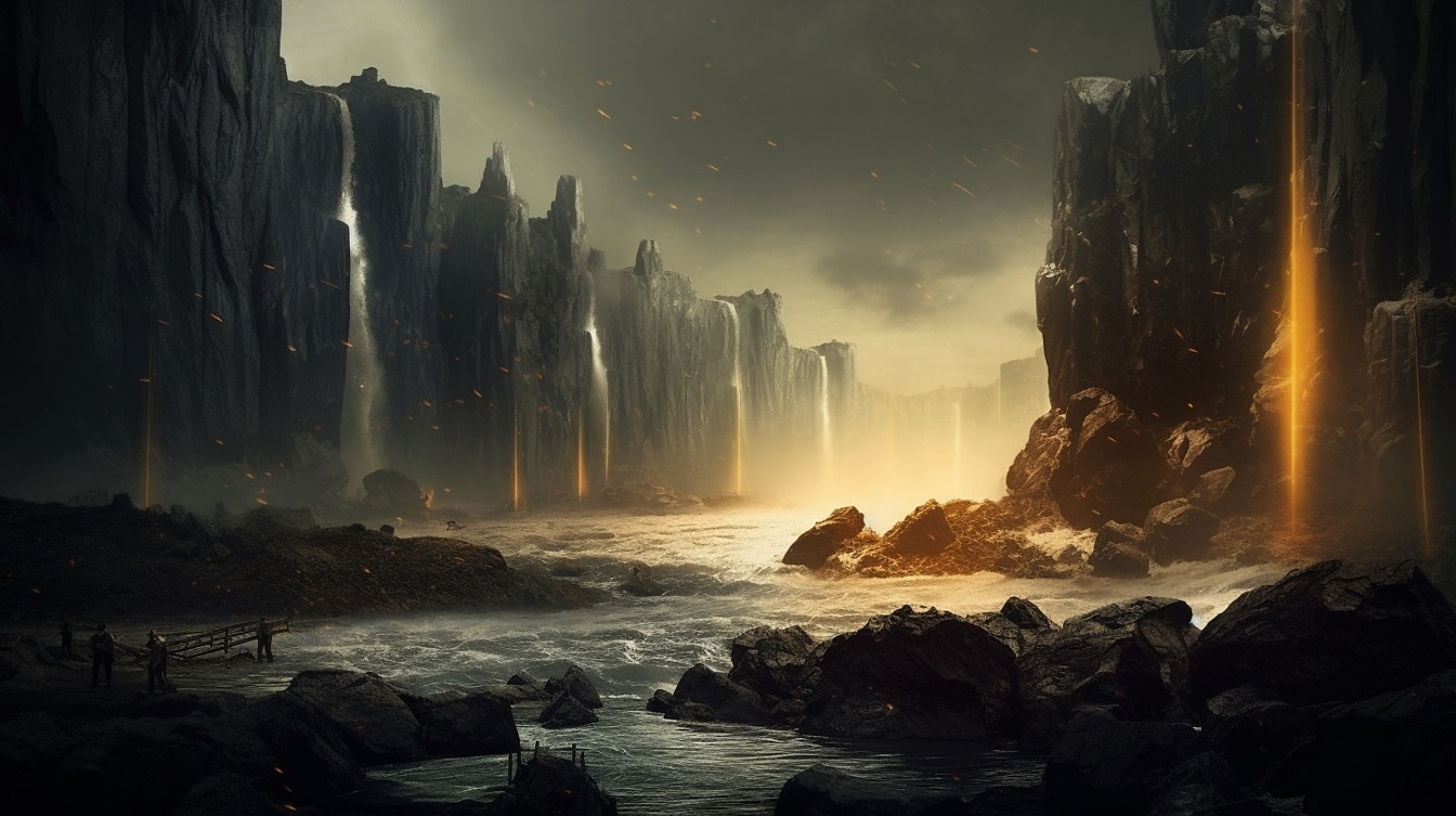 Surrealistická krajina kaňonu na fantasy planetě v noci