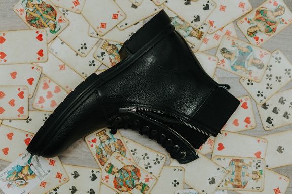 zwart, boot, leder, oude stijl, speelkaarten, dichtbij, mode, schoeisel