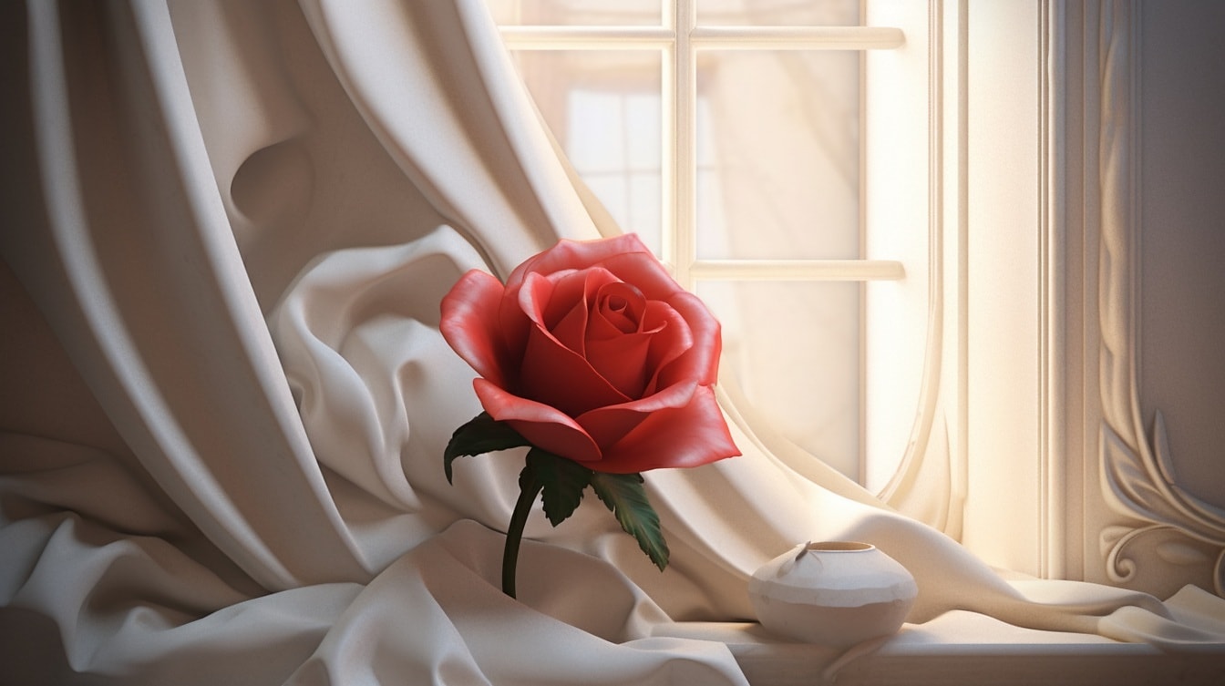 Темно-красная роза на бежевом шелке романтическая графика ко Дню святого Валентина