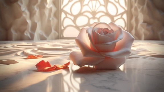Dekoracja walentynkowa różowawa róża na beżowym marmurze