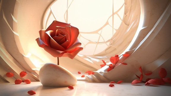 Романтическая иллюстрация ко Дню святого Валентина с бутоном розы и пастельно-бежевым камнем