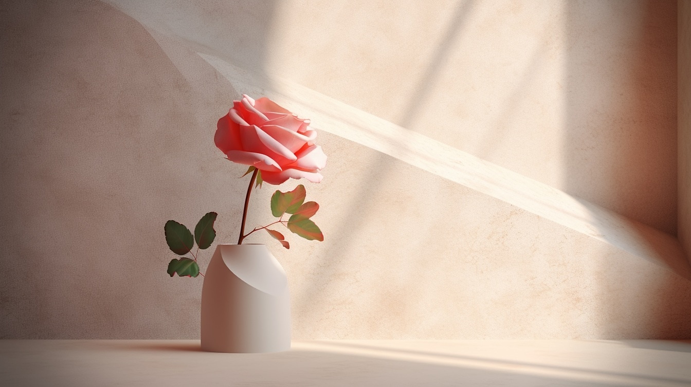 パステルピンクがかったバラ、ベージュの壁のそばのモダンな白い花瓶