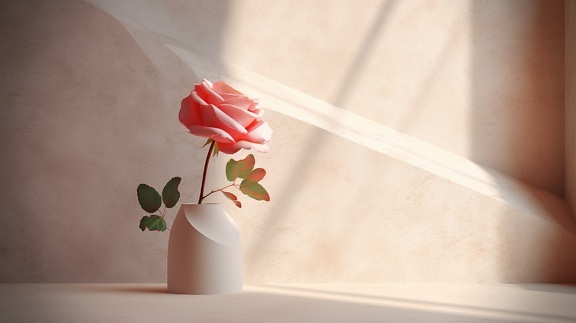 Пастельная розоватая роза в современной белой вазе у бежевой стены