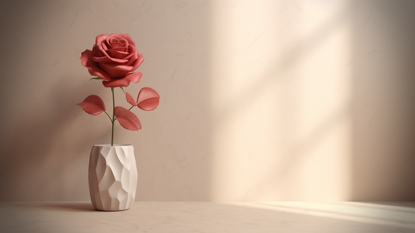 パステルカラーの赤みを帯びたバラの彫刻、モダンなベージュの花瓶