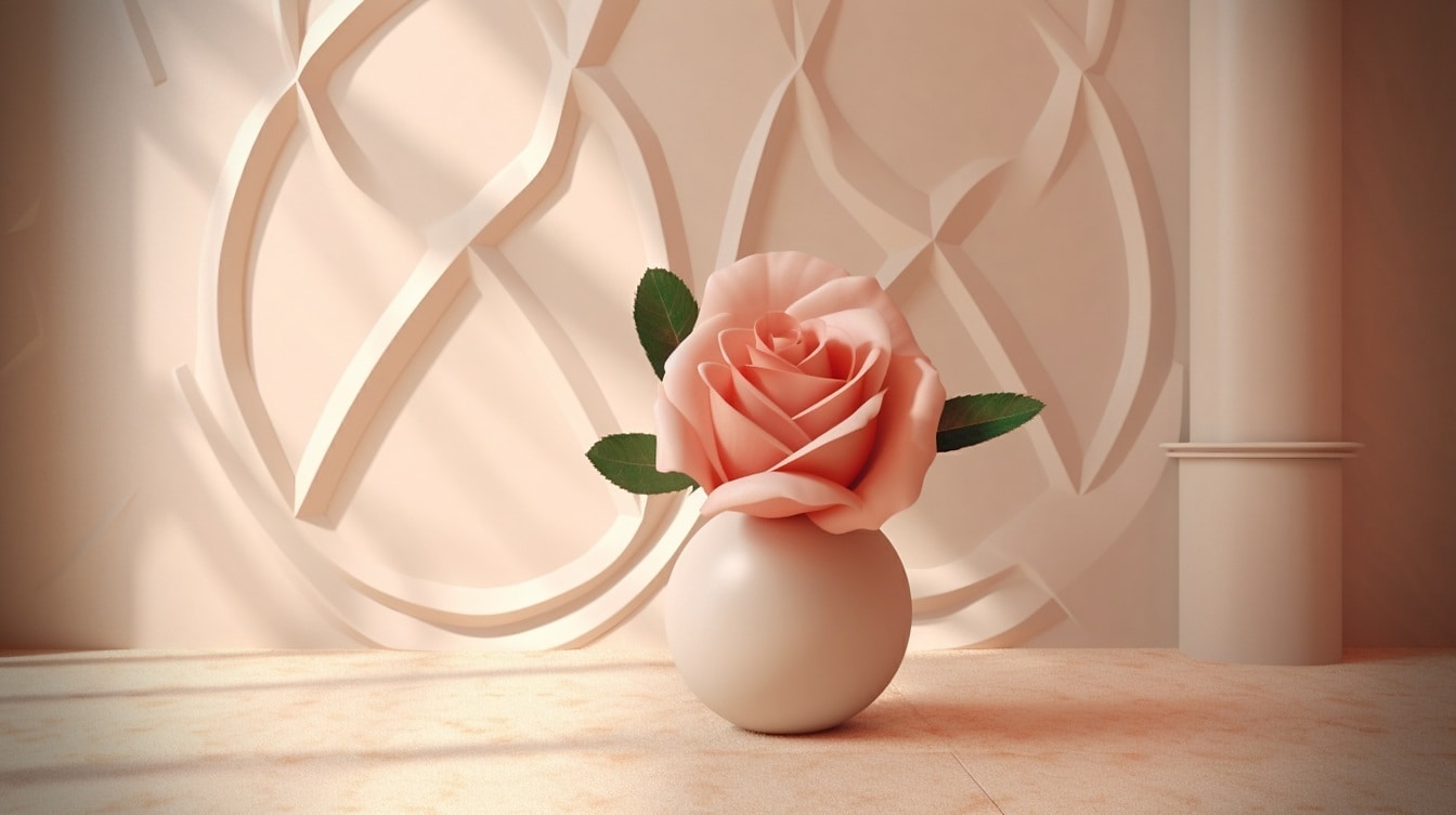 Romantična pastelno ružičasta ruža u bež vazi u obliku kuglice