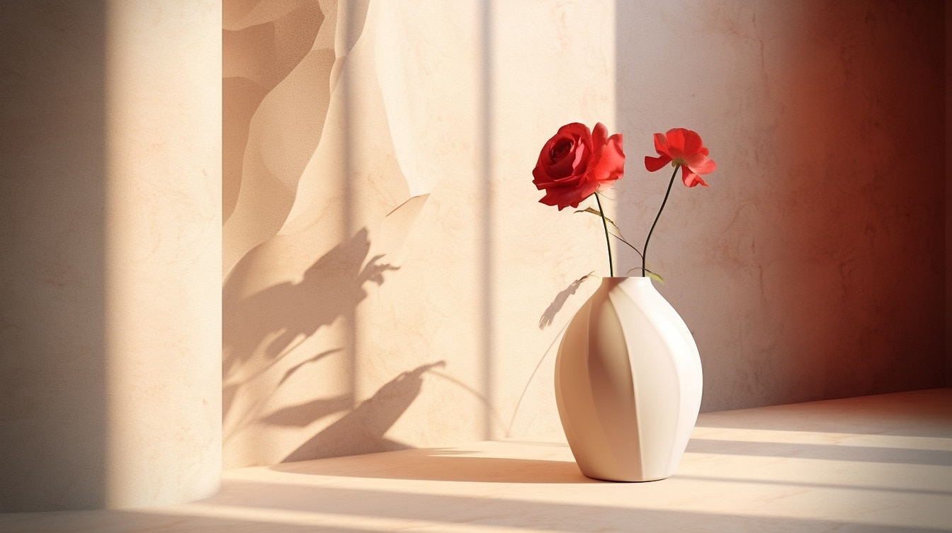 深红色的玫瑰在米色花瓶的地板上，有柔和的阴影