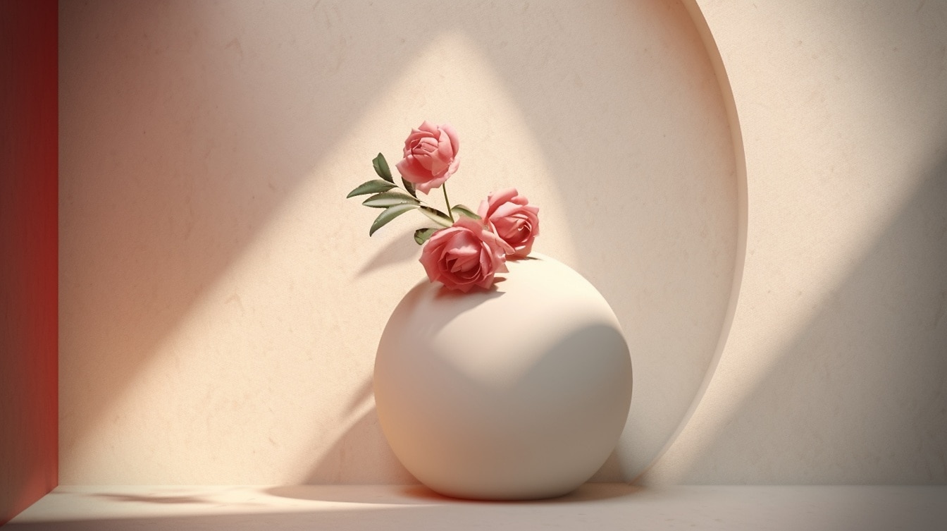 Ilustração de três rosas rosadas na bola de cerâmica bege redonda