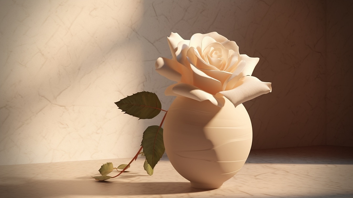 ภาพประกอบของดอกกุหลาบสีขาวในแจกันสีเบจ