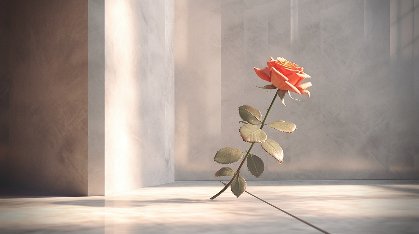 Ružičasta ruža sa stabljikom na bež mramornom podu 3D renderiranje objekata